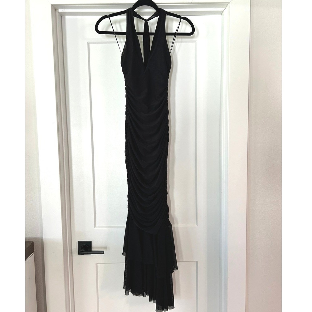 White Fox Black Mesh Ruched Halter Maxi Dress Tiered Ruffle Hem XS Cocktail Goth